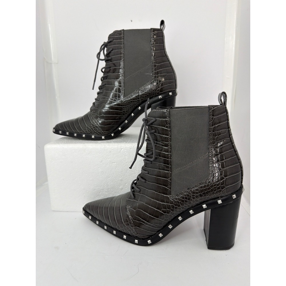 Women's Charles David Jetsetter Grey Croc Studded Lace Up Block Heel Boots 9.5